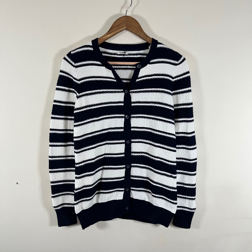 L.L. Bean Cotton Cashmere Striped Button Down Cardigan Sweater Navy White